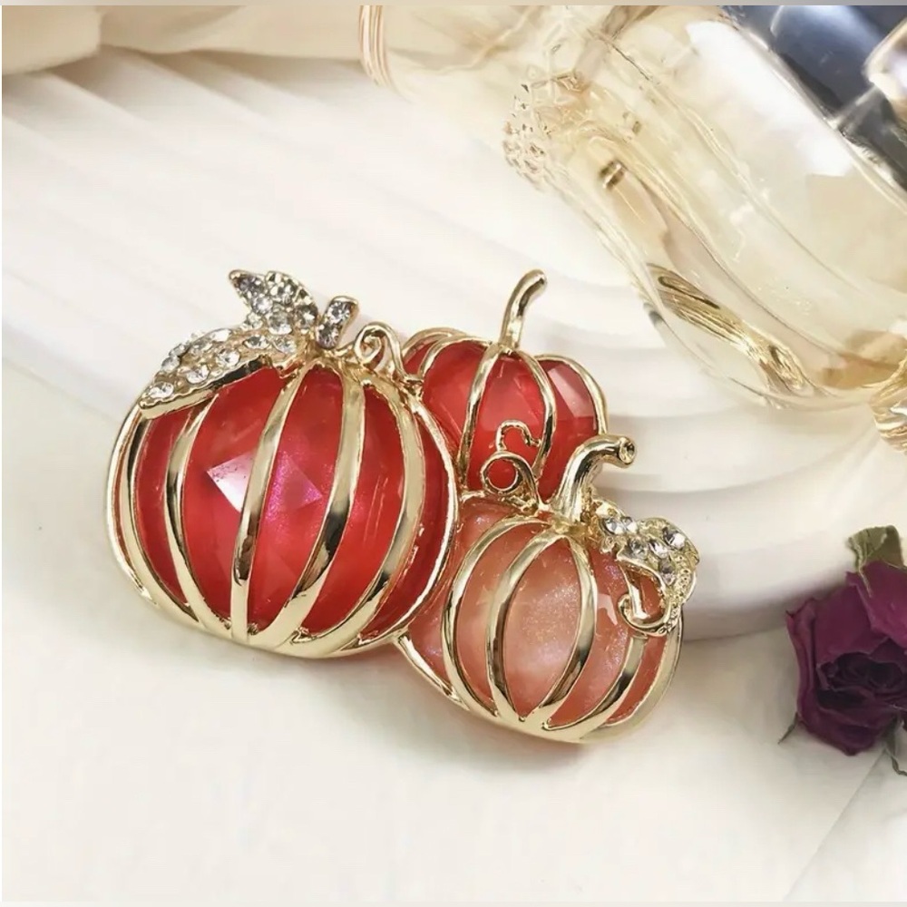 Pumpkin Trio Enamel & Rhinestone Brooch Pin Halloween Thanksgiving Autumn